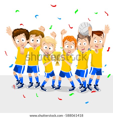Volleyball team waving hands and smiling for photo. Children's volleyball team. Portrait of young players. Vector illustration of a flat design