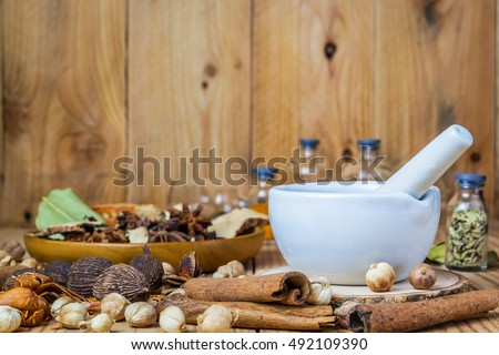 A photo of Mortar Grinder Herb and herbal medicine on white background, Selective focus, Soft focus