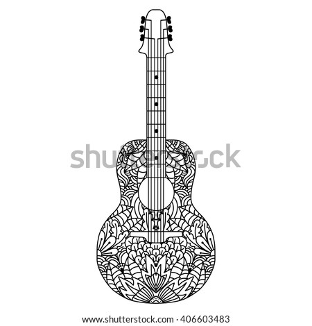 Guitar Hand Drawn Ethnic Patterned In Doodle Zentangle Style Coloring Book Page For