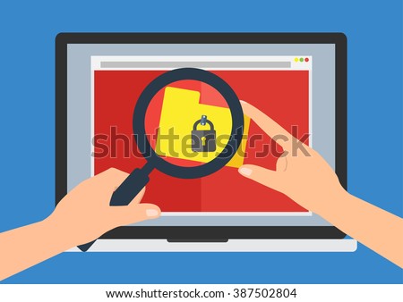 Human hand hold a magnifying glass find rasomware cryptolocker computer virus on laptop notebook on website download file folder. Vector illustration business computer security technology concept.