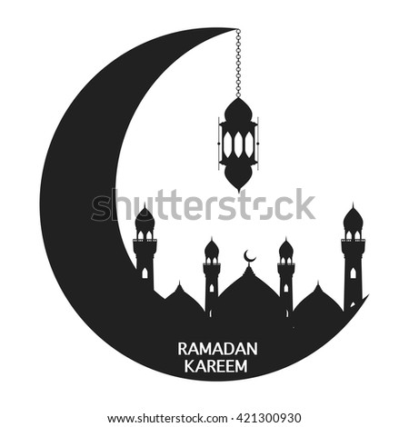 Black Moon With Mosque And Lantern On White Background Vector Illustration Happy Ramadan Kareem Greeting