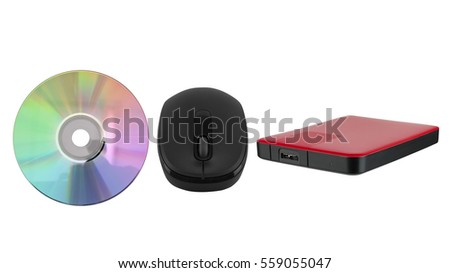 accessories of computer : plate DVD, external hard drive and wireless mouse isolated on white background