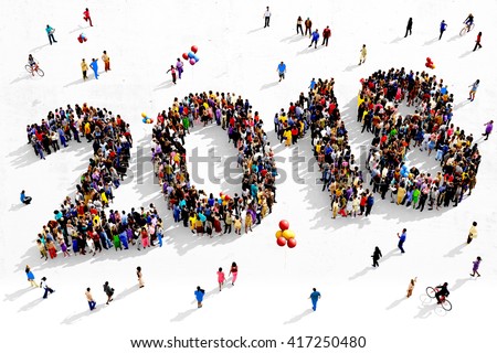 Large and diverse group of people seen from an aerial perspective, gathered together in the shape of number 2018, 3d illustration