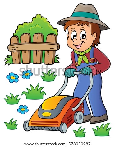 Gardener with lawn mower theme image 1 - eps10 vector illustration.