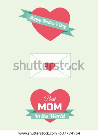 Mother's Day greeting cards, Red heart shaped and green ribbon vector