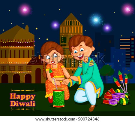 Kids Enjoying Firecracker Celebrating Diwali Festival Stock Vector ...