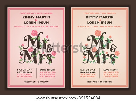 Mr and Mrs title with flower wedding invitations template. Peach and old rose color tone wedding invitation.vector illustration