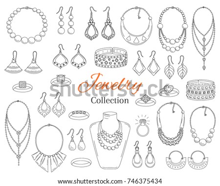 Fashionable jewelry collection, vector hand drawn doodle illustration. Woman accessories bracelets, necklaces, earrings and rings, isolated on white background.