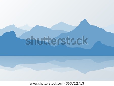 Blue mountain landscape and reflection in lake, vector illustration
