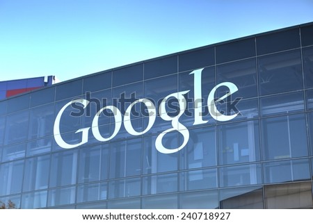 MOUNTAIN VIEW, CA/USA - December 28, 2014: Google sign on one of the Google headquarters buildings. Google is a multinational corporation specializing in Internet-related services and products.