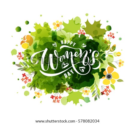 Happy Women's Day text as International Women's Day badge/tag/icon. Text card/invitation/banner template. Love background. Happy Woman's Day lettering typography poster. Vector illustration EPS 10