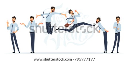 Businessman in different emotions and expressions. Businessperson in casual office look.
