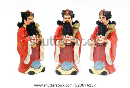 close up Chinese god hok-lok-su plaster figure doll for decoration on white isolate and path