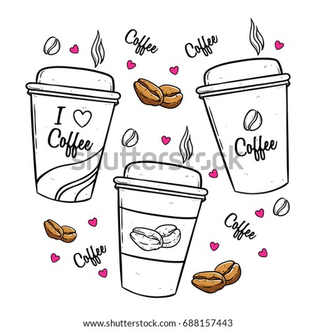 Disposable Coffee Cups Concept With Cute Decoration Using Hand Drawn Or Doodle Art Disposable Coffee Cups Concept With Cute Decoration Using Hand Drawn Or Doodle Art