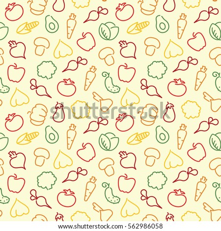 Seamless background with stylized outlines of the vegetables and avocado.