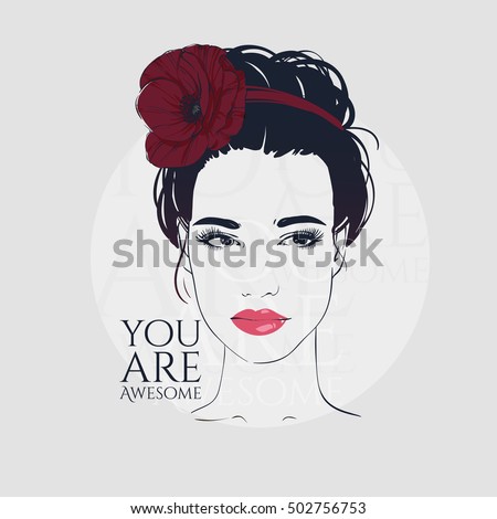 Beautiful woman with retro hairstyle beam and poppy, hand drawn line vector fashion illustration.