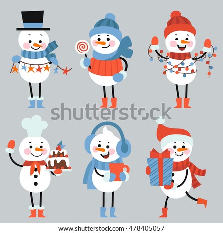Set of winter holidays snowman. Cheerful snowmen in different costumes.
Snowman chef, magician, snowman with candy and gifts.