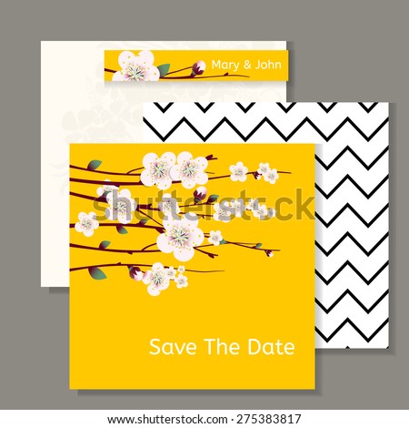 Vector spring apricot blossoming branch on bright yellow background. Wedding invitation and happy easter card template