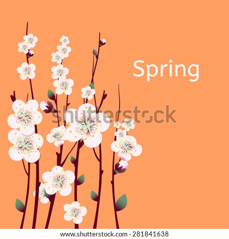 Vector spring apricot blossoming branch on bright green background