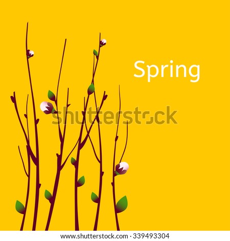 Vector spring apricot blossoming branch on bright yellow background