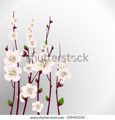 Vector happy easter card, wedding invitation template with an image of spring blossoming apricot branches with a lot of flowers with blurred gray background