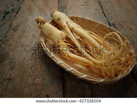Korean ginseng on bamboo weave,with copy space.