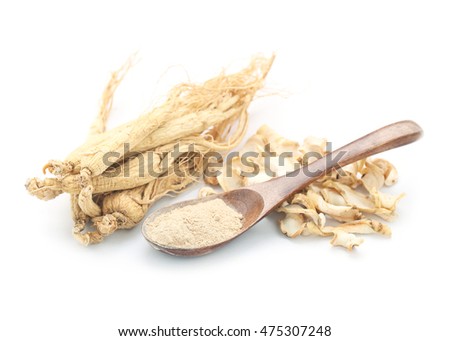 Korean ginseng powder,Dry Ginseng Roots isolated on a white background.