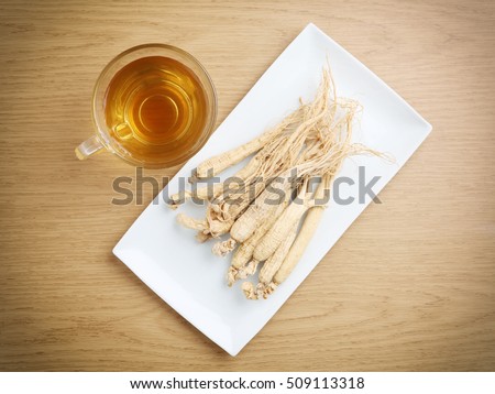 Ginseng tea ,Dry ginseng roots, The concept of healthy drink.