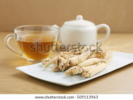 Ginseng tea ,Dry ginseng roots,Concept of healthy drink - vintage filter.