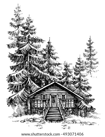 Wooden Cabin Pine Forest Idyllic Winter Stock Vector 493071406 ...