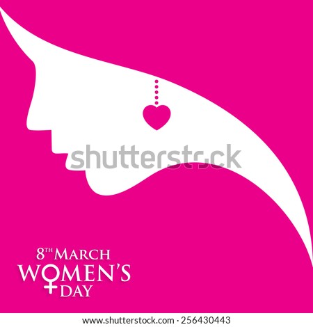 Happy Women's Day greeting card, gift card on pink background with design of a women face and text 8th March Internatinoal women day