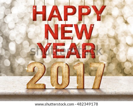Happy New Year 2017 wood texture on marble table with sparkling bokeh wall,Holiday concept.