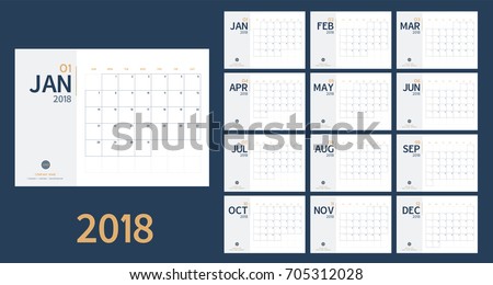 Vector of 2018 new year calendar in clean minimal table simple style and blue and yellow color,Holiday event planner,Week Starts Sunday,A5 size.
