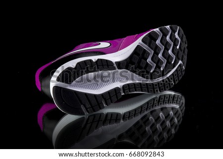 Portugal, June, 2017:Nike Sneaker Trail. Nike, Multinational company. Isolated on Black. Product shots.
