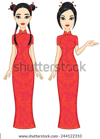 Two animation Asian girls in different poses. Full growth. Isolated on a white background.