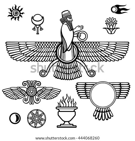 Image of the prophet Farvahar. Set of esoteric symbols. The black silhouette isolated on a white background. Vector illustration.