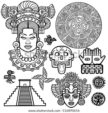 Set of graphic elements based on motives of art Native American Indian. Monochrome linear drawing isolated on a white background. Vector illustration.