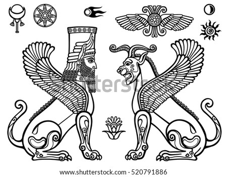 Graphic set: figures of the Assyrian mythology - a lion  and a sphinx of people. Space symbols. Monochrome drawing isolated on a white background. Vector illustration. Be used for coloring book. 