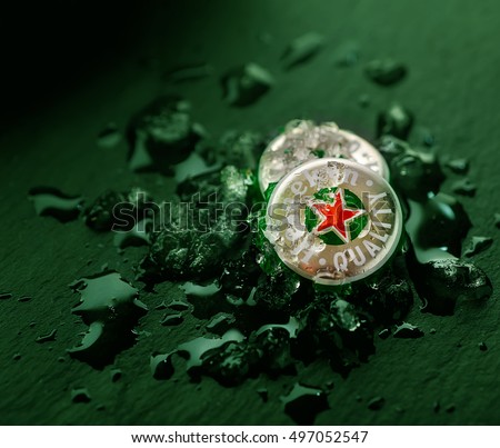 POLTAVA, UKRAINE, OCTOBER 11, 2016:Cap of beer Heineken and ice.