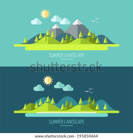 Flat design nature landscape illustration with sun, hills and clouds