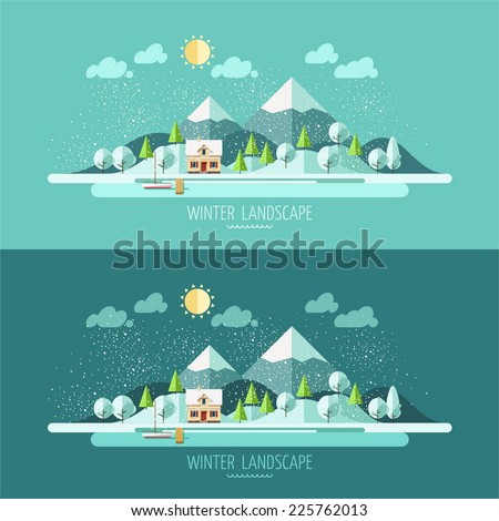 Nature - winter landscape. Vector illustration in flat design style.