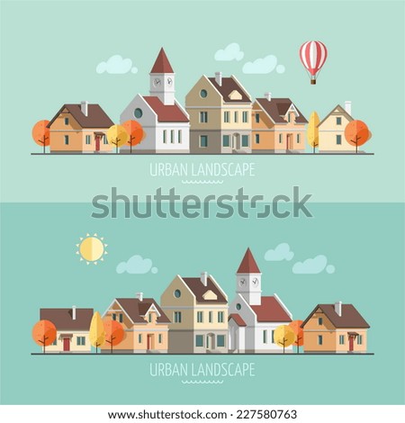 Flat design urban landscape. Autumn - vector illustration.