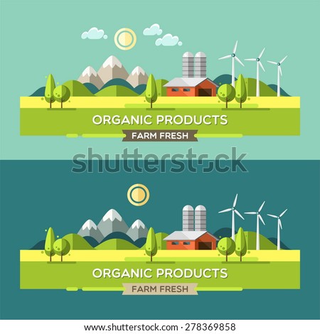 Farm fresh. Organic products. Organic food. Rural landscape. Vector illustration.
