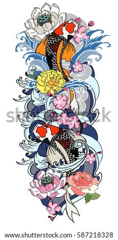 Hand Drawn Koi Fish With Flower Tattoo For Arm Japanese Carp Line Drawing Coloring Book Hand Drawn Koi Fish With Flower Tattoo For Arm Japanese Carp Line Drawing Coloring Book