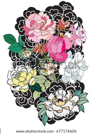 peony flower rose tattoo on cloud stock vector 677176606 peony flower rose tattoo on cloud stock vector 677176606