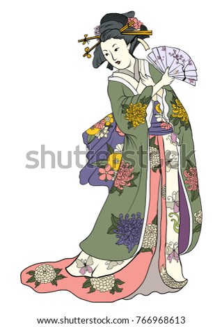 Hand Drawn Geisha Women Hold Fanjapanese Stock Vector 766968613 ...