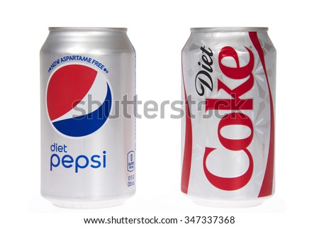 ALAMEDA, CA - DECEMBER 04, 2015: One can of Diet Coke next to one can of Diet Pepsi. Diet soda sales have tumbled as consumers are turned off by studies on artificial sweeteners.