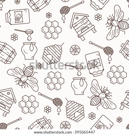 Seamless pattern with beehive, bee, apiary and honey symbols for healthy food designs.