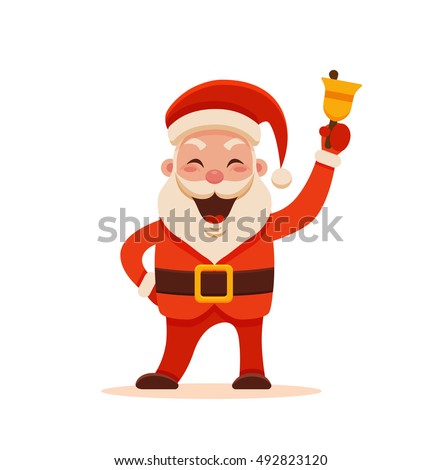 Cartoon Santa Claus for Your Christmas and New Year greeting Design or Animation. Vector isolated illustration of happy Santa Claus ringing a hand bell in colorful flat style
