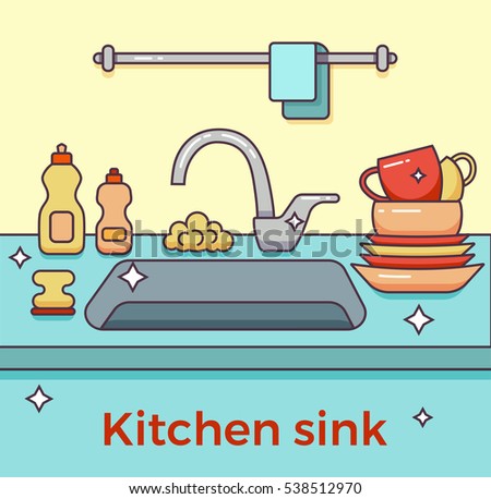 Kitchen Sink With Clean Dishes kitchen sink kitchenware dishes utensil towel stock vector Kitchen Sink With Clean Dishes kitchen sink kitchenware dishes utensil towel stock vector